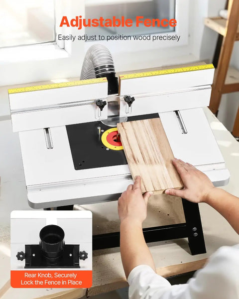 Benchtop Router Table With 24 by 15.7 Inch MDF Top And Adjustable Fence showing precise wood positioning and dust port.