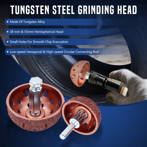 Pro Grade Tire Patch Repair Kit with Tungsten Steel Buffing Wheels and 42mm 55mm Scraping Cutter shown in detail.
