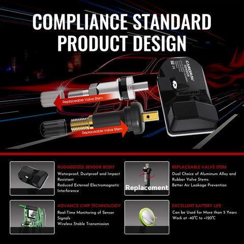 433MHz TPMS Tire Pressure Monitoring Sensor Compatible With 2013 Through 2024 Jeep Cherokee And Ram Dodge Trucks Easy Install No Sweat Plug And Play Accurate Readings OE Style Replacement Keeps Your Tires In Check And Your Ride Smooth. Black TPMS sensor with replaceable valve stem