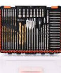Impact Drill Bit Set 112 Piece With One Fourth Inch Hex Shank For Impact Drivers And Screwdrivers Includes Wood Metal Cement Bits Driver Bits And Storage Case For DIYers And Home Projects in open storage case.