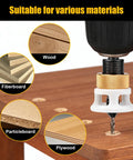 4 Piece Carbide Countersink Drill Bit Set For Woodworking With 4 Flutes And Adjustable Low Friction Depth Stop And Stop Collar Pro Grade Durable Bits For Cabinetry And Fine Woodworking 2.8mm 3.2mm 3.5mm 4mm being used on wood, fiberboard, particleboard, and plywood.