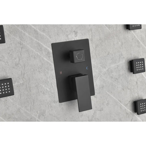 Wall Mounted Shower System with 6 Body Sprays and Hand Shower control panel in matte black finish, featuring temperature knobs.