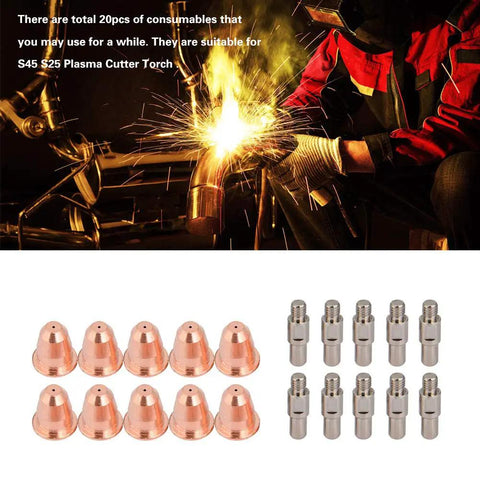 Badafaci Plasma Cutter Consumables Electrode Nozzle Kit For S25 And S45 Torch featuring 10 copper nozzles and 10 silver electrodes.