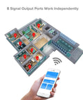 Diagram showing 8 Channel Bluetooth LED Controller With Built In Mic And Aux Music SP608E controlling home lighting via smartphone app