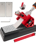 Front view of All In One Chisel Sharpening Kit With Honing Guide And 400 1000 Grit Diamond Stones Non Slip Base And Angle Guide Plus Hex Key