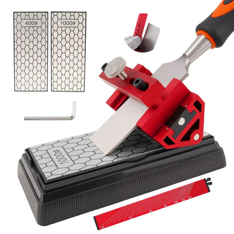 Front view of All In One Chisel Sharpening Kit With Honing Guide And 400 1000 Grit Diamond Stones Non Slip Base And Angle Guide Plus Hex Key