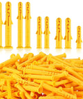 200 Piece Yellow Drywall Anchors Kit In 5 Sizes showing ribbed plastic wall plugs for home and office use