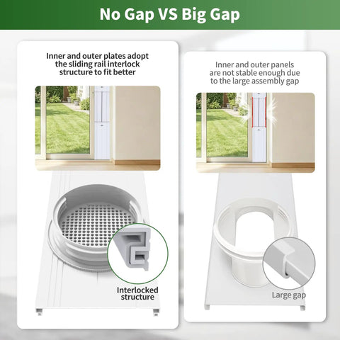 Comparison of sliding door gaps for Portable AC Sliding Door Vent Kit With 4 In 1 Coupler And Filter, Fits 5.1 To 5.9 Inch Exhaust Hose