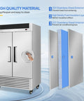 Heavy Duty 49 Cubic Foot Commercial Reach In Refrigerator Two Door Fridge Cooler featuring stainless steel exterior and insulation.