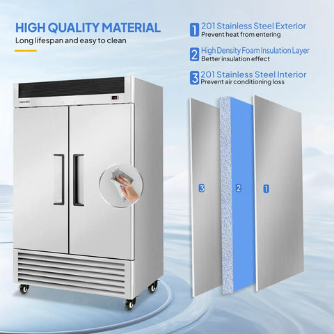 Heavy Duty 49 Cubic Foot Commercial Reach In Refrigerator Two Door Fridge Cooler featuring stainless steel exterior and insulation.