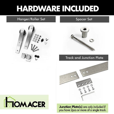 Brushed Nickel Sliding Barn Door Hardware Kit For Two Doors 8 Foot Flat Track With Straight Rollers Beefy Heavy Duty parts shown.