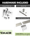 Heavy Duty Sliding Barn Door Hardware Kit For Two Doors With Four And A Half Foot Flat Track And Straight Roller Design For Indoor Use Only Doors Not Included Easy Install showing hanger, roller, spacer sets