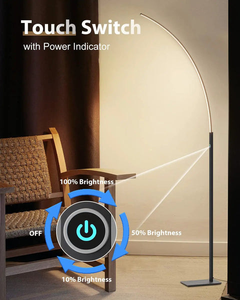 Arc Corner Floor Lamp With Curved LED Design And Touch Dimmer 3000K Warm White Glow Three Brightness Presets next to chair