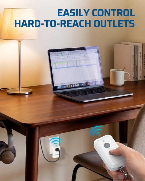 Wireless Remote Control Outlet Plug Power Switch Kit with 1 remote and 4 outlets 100ft RF range under desk near lamp and laptop