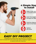 Man using a drill next to instructions for installing Spring Toggle Bolt Anchors Heavy Duty Wall Anchors For Hollow Walls.