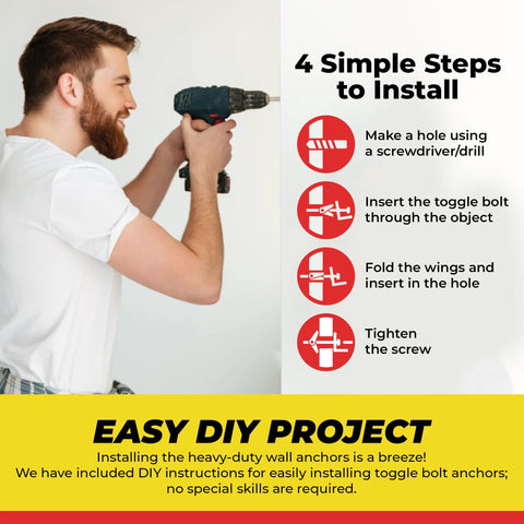 Man using a drill next to instructions for installing Spring Toggle Bolt Anchors Heavy Duty Wall Anchors For Hollow Walls.