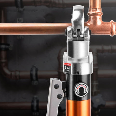 Heavy Duty Hydraulic Pipe Crimping Tool With 1/2 3/4 And 1 Inch Jaws For Copper Tube Fittings Built For Fast Contractor Plumbing Repairs That Goes Down Smooth And Seals Like A Champ