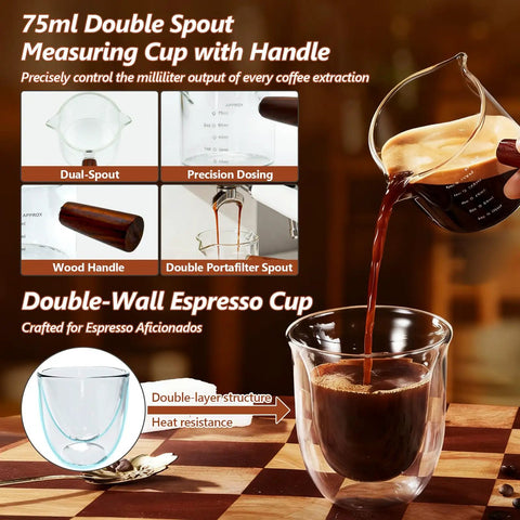 75ml double spout measuring cup with wood handle pouring into double-wall espresso cup for precise brewing, visible features.