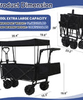 Heavy Duty Collapsible Wagon Cart With Canopy For Outdoor Camping And Hauling Gear 200L, dimensions shown, folded view inset