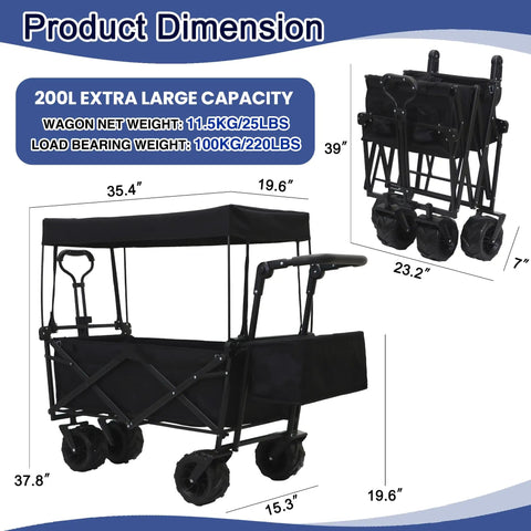 Heavy Duty Collapsible Wagon Cart With Canopy For Outdoor Camping And Hauling Gear 200L, dimensions shown, folded view inset