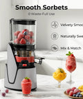 EanOruus 3-in-1 Cold Press Juicer With Huge 6.5 Inch Wide Chute And 100 Oz Tank For Fresh Juice Nut Milk And Sorbet on countertop.