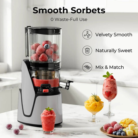 EanOruus 3-in-1 Cold Press Juicer With Huge 6.5 Inch Wide Chute And 100 Oz Tank For Fresh Juice Nut Milk And Sorbet on countertop.
