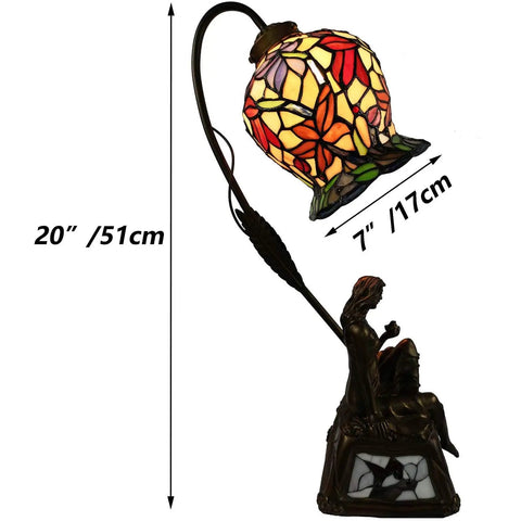 Lily Flower Tiffany Style Stained Glass Table Lamp With Girl Figurine Base, Handmade Nightstand Light, 20 Inch Tall, 7 Inch Wide