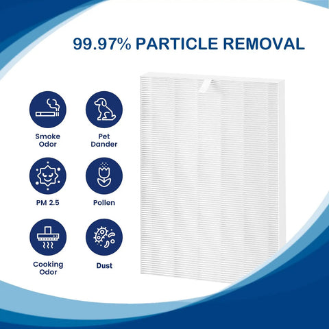 114190 True HEPA Replacement Filter B 3 Pack For Air Purifiers Compatible With 9500 U300 P300 WAC9000 featuring particle removal icons