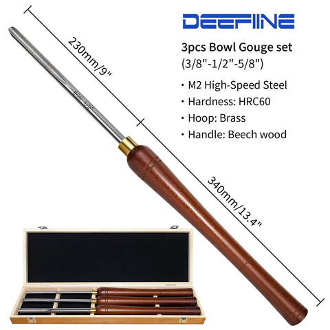 Built Solid Three Pack M2 High Speed Steel Bowl Gouge Set For Wood Turning With Side Grind Design And 60 Hrc Hardness for precise cuts.