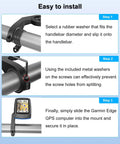 Easy installation steps for Out Front Bike Mount for Edge GPS Computers with extended handlebar arm shown with diagrams.