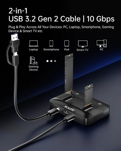 Dual Bay M.2 Nvme Ssd Cloner Dock Handles Up To 16TB Drives With Instant One To One Offline Duplication showing USB 3.2 Gen 2 cable and slots.