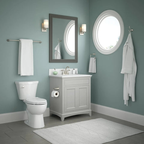 Arvo 4 Piece Bathroom Hardware Set With 18 Inch Towel Bar And 6 Inch Extender Open Square Toilet Paper Holder Round Towel Ring And Double Towel Hook Brushed Nickel Finish in a modern bathroom setting