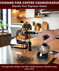 51mm Espresso Tamper Pro Grade Stainless Steel With Flat Base And Spring Loaded Mechanism next to espresso machine