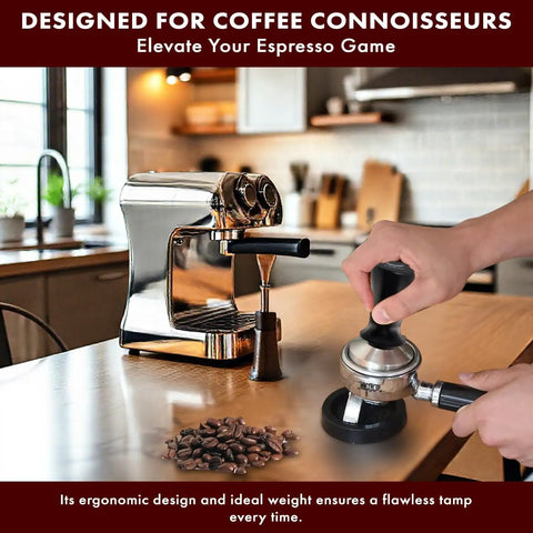 51mm Espresso Tamper Pro Grade Stainless Steel With Flat Base And Spring Loaded Mechanism next to espresso machine