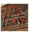 Spring Plunger Quick Release Pins Kit A29K Eight Pack with red knurled handles and metal M6 pins on wood surface