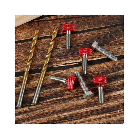 Spring Plunger Quick Release Pins Kit A29K Eight Pack with red knurled handles and metal M6 pins on wood surface