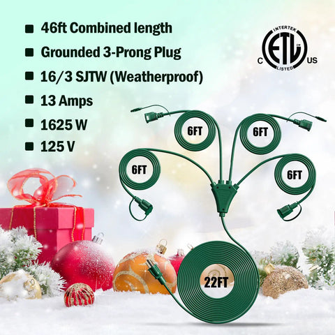 Green 1 To 4 Outlet Splitter Extension Cord With Weatherproof Covers 46 ft displayed with holiday decorations in the background.
