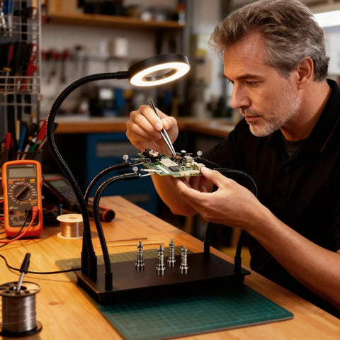 Man using Helping Hands Soldering Station with Four Flexible Arms Five X Magnifying Glass Adjustable Light and Magnetic Holders