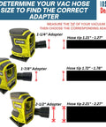 Diagram with vacuum hose adapters for Ryobi sanders showing 1-1/4, 1-7/8, and 2-1/2 inch adapters with measurements.
