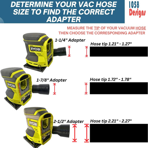 Diagram with vacuum hose adapters for Ryobi sanders showing 1-1/4, 1-7/8, and 2-1/2 inch adapters with measurements.