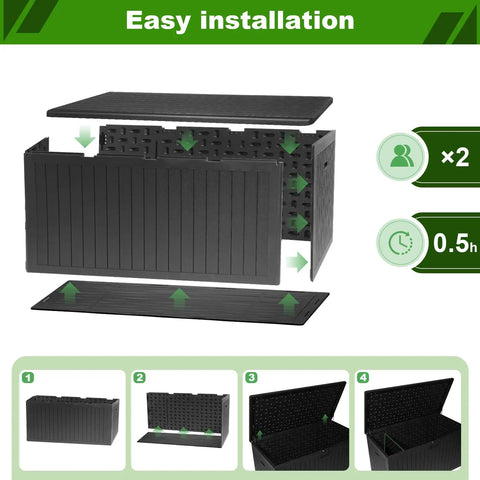 Heavy Duty 270 Gallon Outdoor Storage Box With Solid Locking Lid, Built Like A Tank For Rain Or Shine, Resin Deck Crate For Patios Yards And Pools, Keeps Cushions Locked Down Tight In Black, easy installation guide.