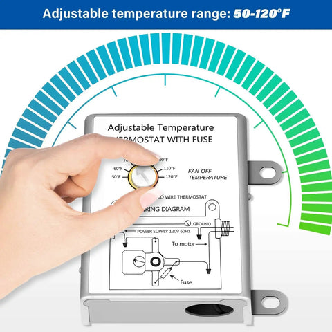 Hand adjusting temperature controller on 12 Inch Wall Mounted Shutter Exhaust Fan With Temperature Controller And Power Cord Kit