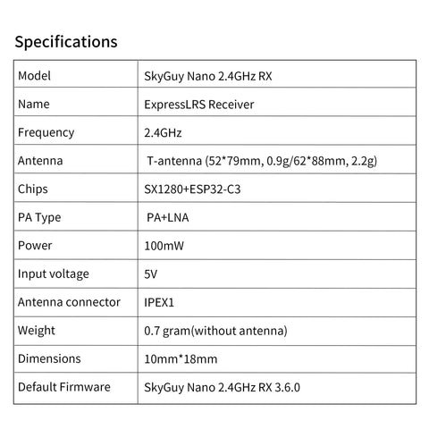 Specifications table for ExpressLRS FPV 2.4Ghz Receiver Nano Module With 78mm UFL T Antenna for drones and fixed-wing planes.