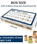 All In One Rivet Nut Assortment Kit With 920 Pieces Metric And SAE Nutserts in clear labeled case with dimensions shown