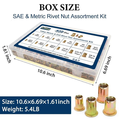 All In One Rivet Nut Assortment Kit With 920 Pieces Metric And SAE Nutserts in clear labeled case with dimensions shown