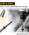 Spiral extractor being used in 10 Piece Screw Extractor Set With HSS Left Hand Drill Bits For Stripped, Rusted, Broken Screws