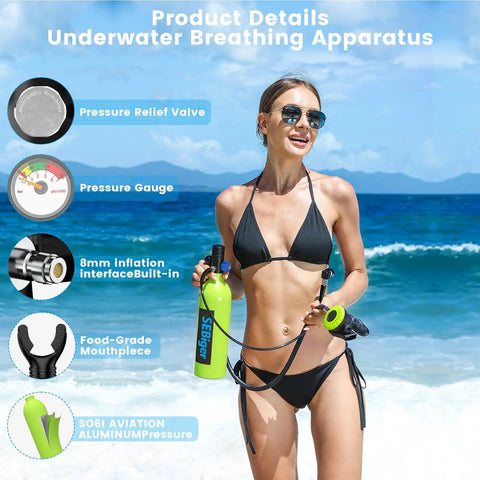Woman holding 1L DOT Certified Mini Scuba Tank For Underwater Breathing Air, Dive Oxygen Cylinder Kit, beach background
