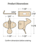 Product dimensions diagram for Top Shelf Nickel Plated Spring Action Elbow Door Catch And Latch For Antique Vintage Cabinet Hardware.