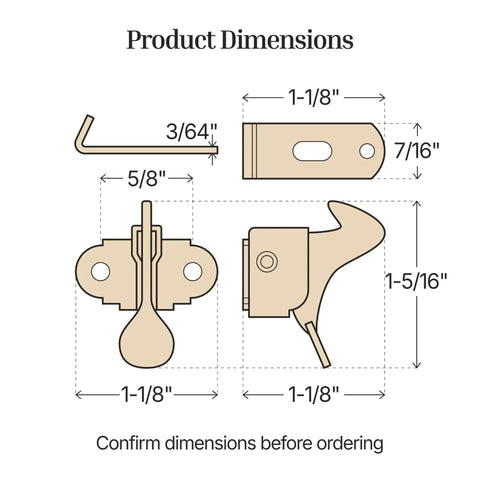 Product dimensions diagram for Top Shelf Nickel Plated Spring Action Elbow Door Catch And Latch For Antique Vintage Cabinet Hardware.