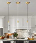 Modern Gold Brass Finish LED Dimmable Kitchen Island Pendant Lights 2 Pack With Crystal Bubble Column Sleek Mini Pendant Lighting